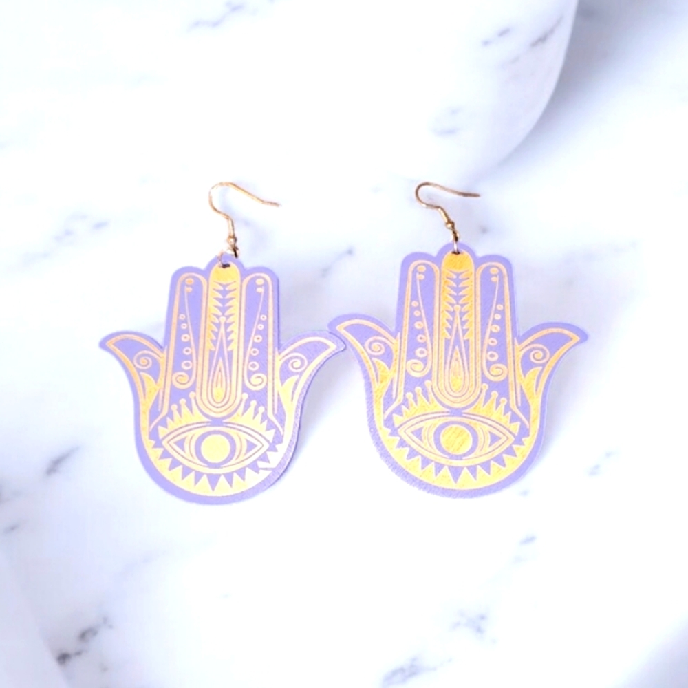Gold and Purple Hamsa Earrings